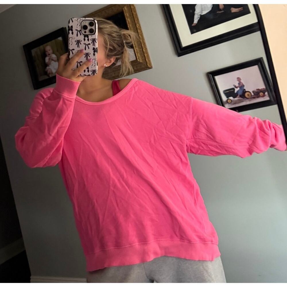 Aerie | Hot Pink Garment Dyed Off the Shoulder Preppy Crewneck Pullover Lounge - Picture 2 of 11